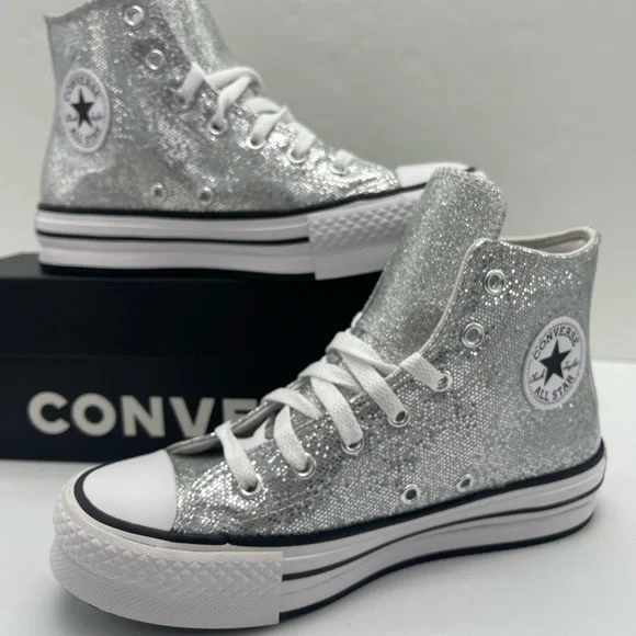 Converse CTAS EVA LIFT HI Chuck Taylor All Star High Top Sneakers Silver Glitter - Picture 14 of 16